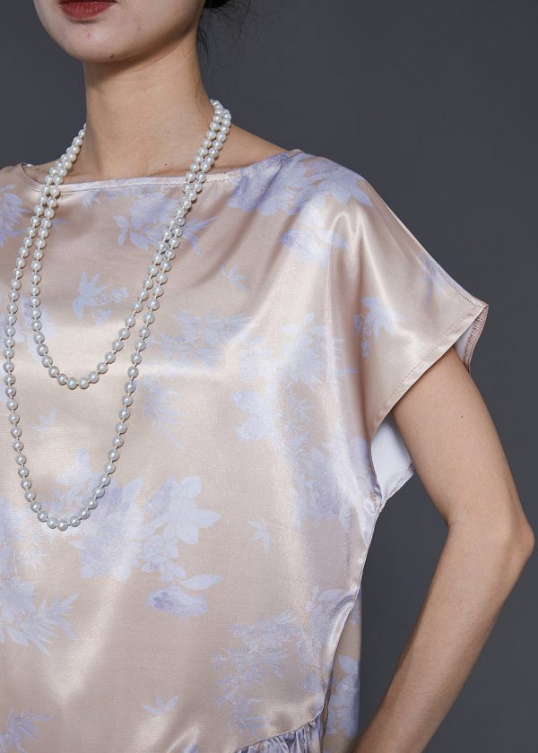 Fashion Apricot Asymmetrical Patchwork Print Draping Silk Two Pieces Set Summer For Cheap - Image 5