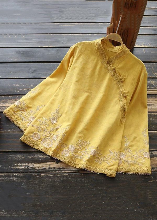 New Yellow Embroidered Button Cotton Shirt Long Sleeve Hot on Sale