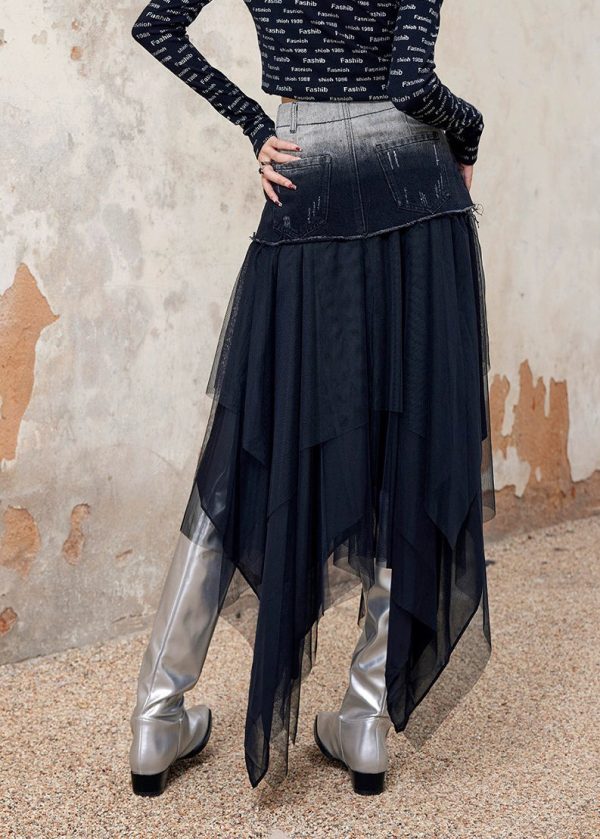 Stylish Black Asymmetrical Tulle Patchwork Denim Skirt Spring Cheap - Image 5