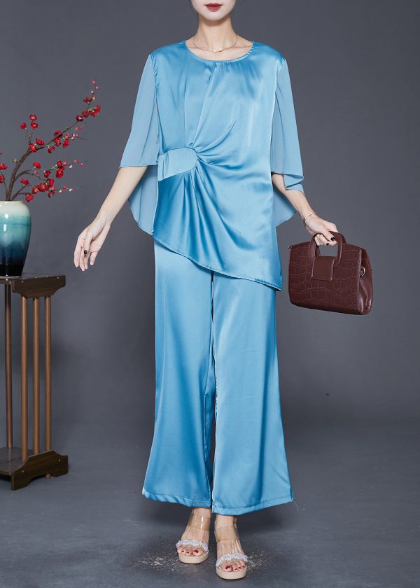 Beautiful Lake Blue Asymmetrical Wrinkled Silk Two Pieces Set Fall For Sale