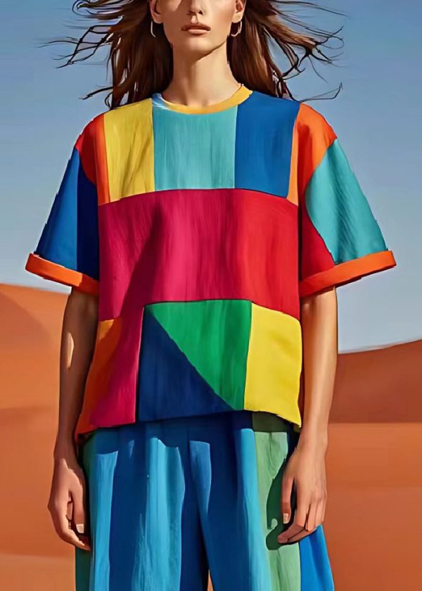 Art Colorblock Asymmetrical Patchwork Linen Tank Tops Summer For Cheap - Image 2
