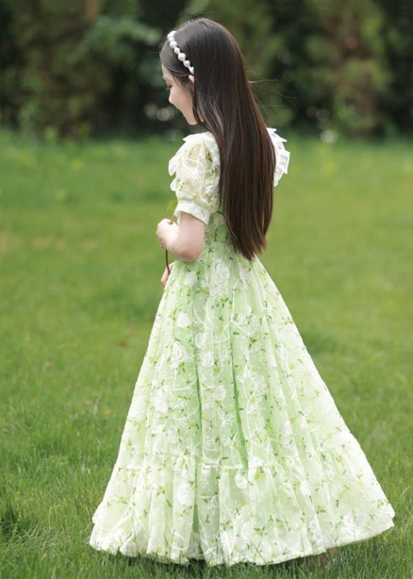 2025 New Green Peter Pan Collar Print Tie Waist Chiffon Girls Maxi Dress Short Sleeve on Sale