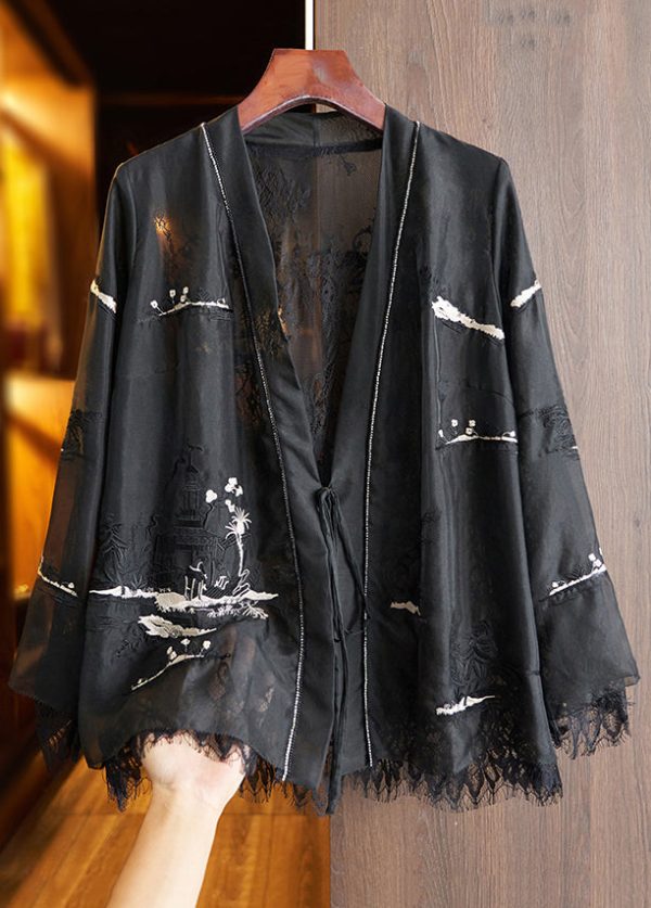 Beautiful White Lace UpPrinted Lace Patchwork Top Fall Hot on Sale - Image 2