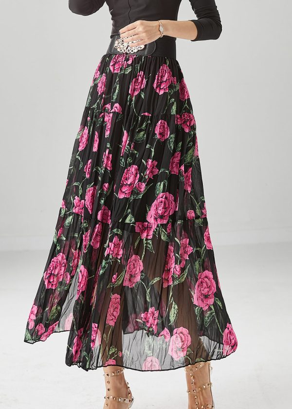 Natural Black Print Exra Large Hem Chiffon Pleated Skirts Fall Online - Image 3