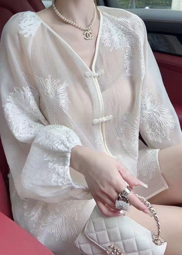 Vogue White Embroideried Button Chiffon UPF 50+ Shirt Fall Online Sale - Image 3