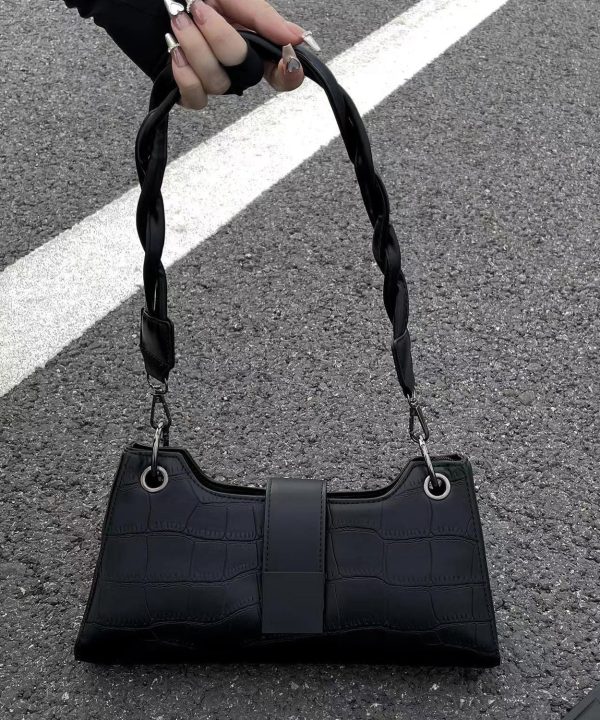Modern Black Faux Leather Satchel Bag Handbag For Sale - Image 4