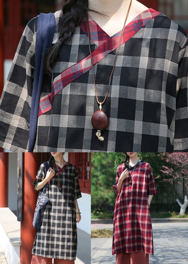 Classy Red Plaid V Neck Patchwork Cotton Dress Half Sleeve Online - Image 5